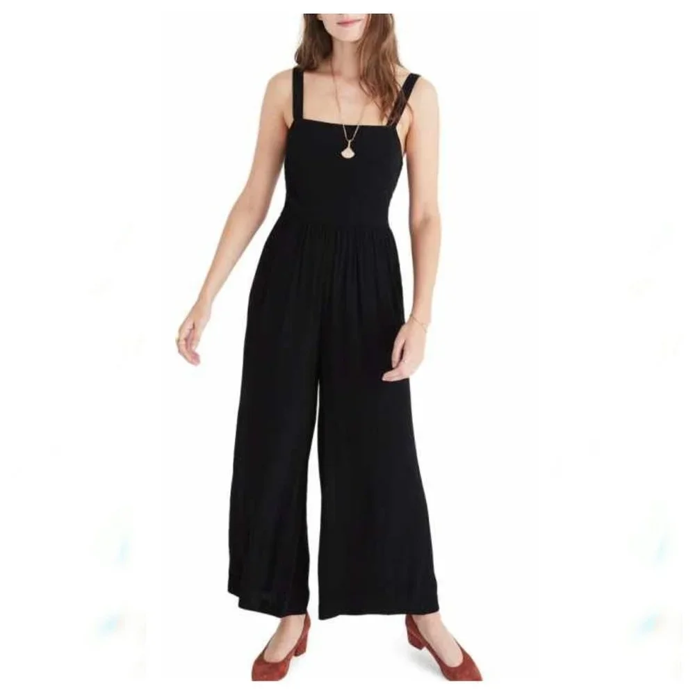 Madewell Smocked Crop Black Jumpsuit - Picture 1 of 8